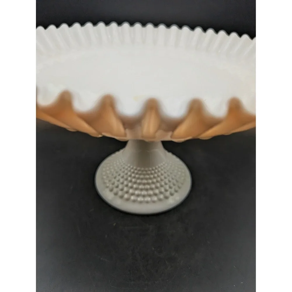 Fenton White‎ Milk Glass Hobnail Pedestal Compote Bowl Crimped Ruffle Edge